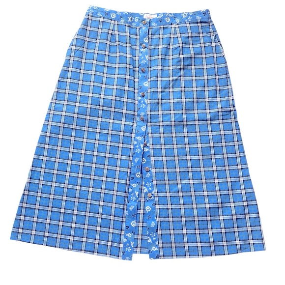 Lanz of Salzburg Plaid Floral Trim Skirt Blue/White- SZ L Hipster Boho Preppy - Picture 1 of 11